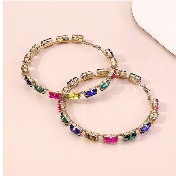 Gold Multi Color Hoop Rhinestone Earrings - Picture 3 of 4